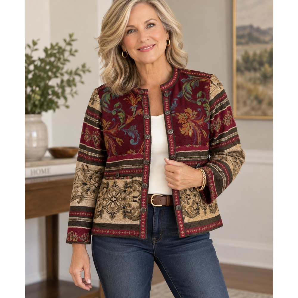 Sag Harbor Vintage Tapestry Button Front Cardigan Jacket Burgundy Floral Size 10